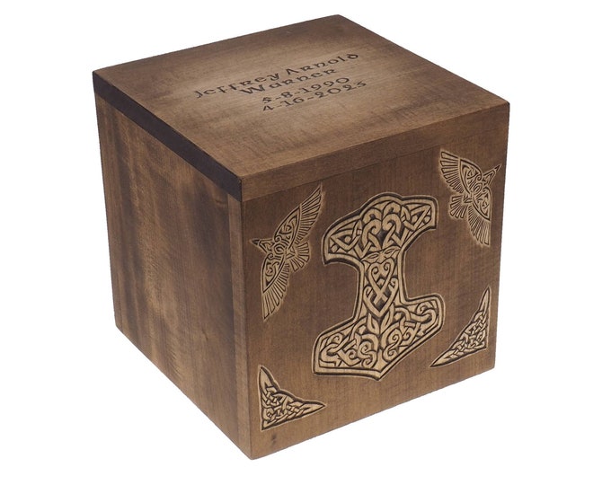 Square Personalized Wood Urn For Human Ashes Medieval and Viking style