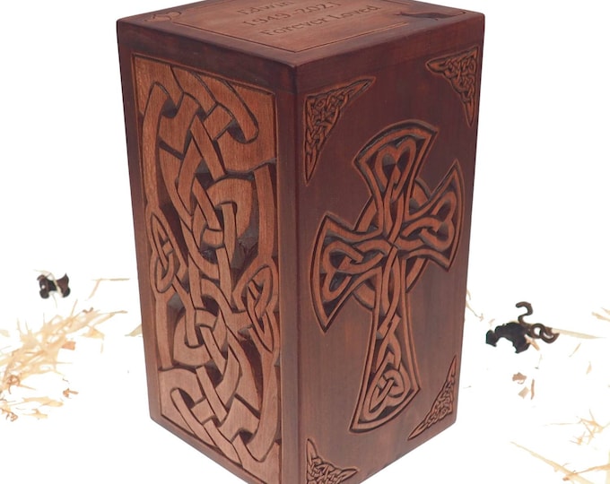 Personalized Wood Urn For Human Ashes, Celtic cross and plait motive, Wooden Memorial Box, Carved Keepsake Cremation Urns, Boxes For Burial