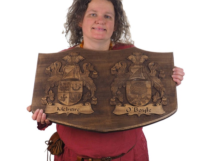 Personalized  Double Family Arms Crest, Hand Carved, Coat of Arms, Custom, Family Shield, Wooden Emblem, Wedding Wood Art, Heraldic