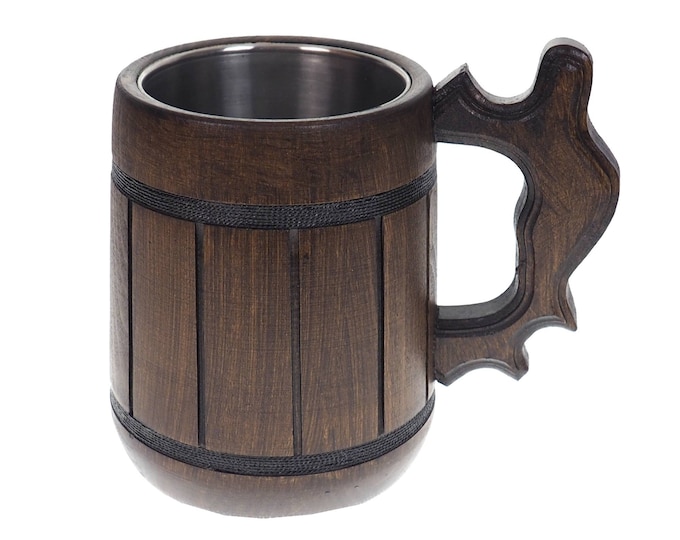 Dark Oak Wooden Beer Mug 1/2 liter  17 oz, steel inside wooden cup, wooden drinking mug, historical mug, rustic mug, medieval replica