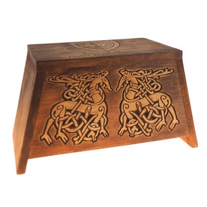 Stag pattern Personalized Wood Urn For Human Ashes, Wooden Memorial Box Carved , Keepsake Urns, Cremation Boxes For Burial, Viking pagan