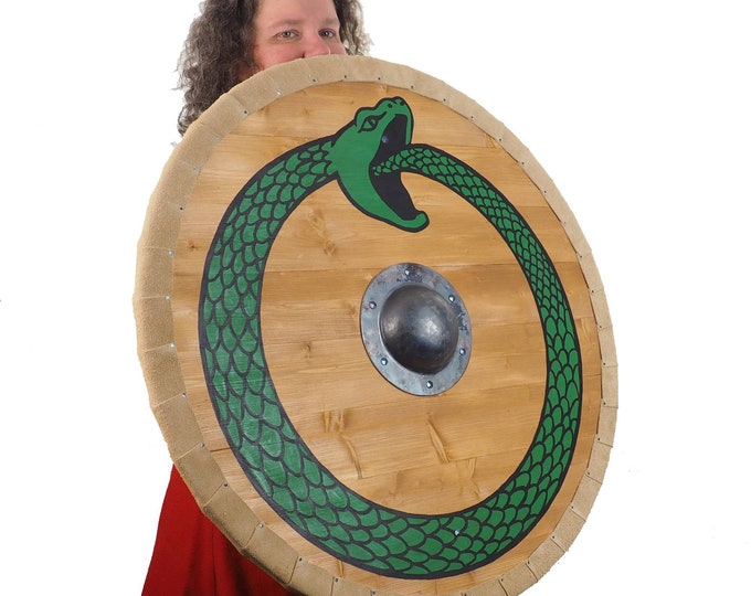 Personalized Viking Shield with Green Ouroboros  Pattern, 30 inch, Norsman shield, Wall decor, Larp and reenactment, SCA ready, black shield