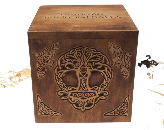 Square Personalized Wood Urn, Thor hammer Yggdrasil Memorial Box, Hand Carved Keepsake, Cremation, Burial
