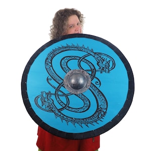 Personalized Blue Viking Shield with Dragon Pattern, 30 inch, Norsman shield, Wall decor, Larp and reenactment, SCA ready, black shield