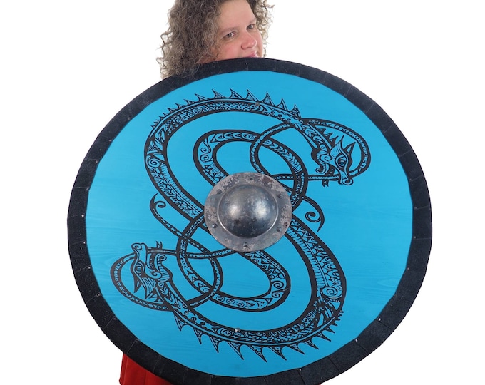 Personalized Blue Viking Shield with Dragon Pattern, 30 inch, Norsman shield, Wall decor, Larp and reenactment, SCA ready, black shield