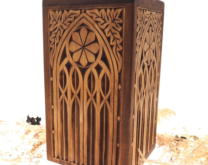 Personalized Wood Urn For Human Ashes Medieval Gothic style