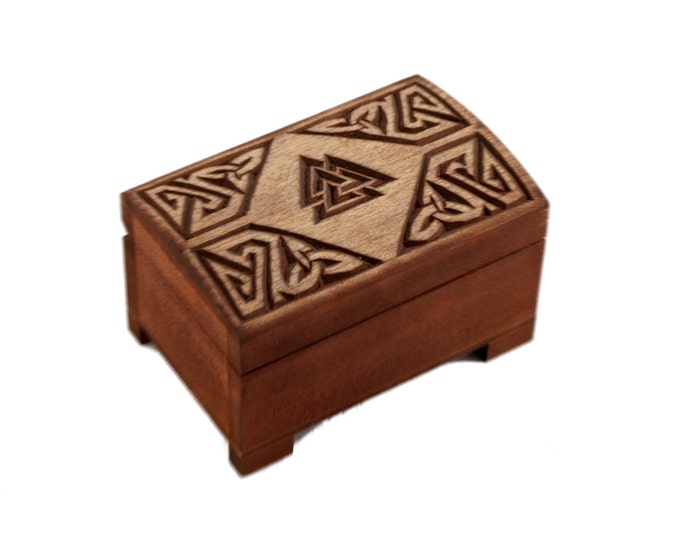 wooden historical box with hand carved valknut pattern