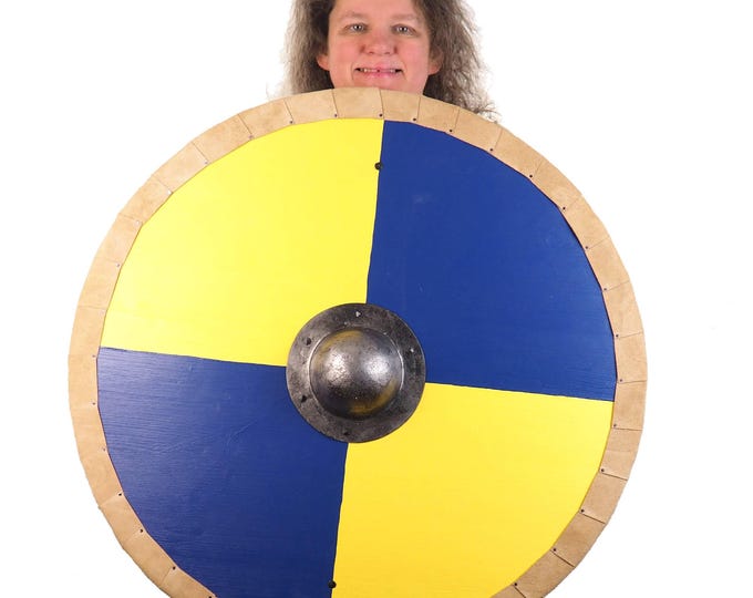 Blue and Yellow Viking Shield Pattern,cross pattern,  Norsman shield, Wall decor, Larp and reenactment, SCA ready, black shield