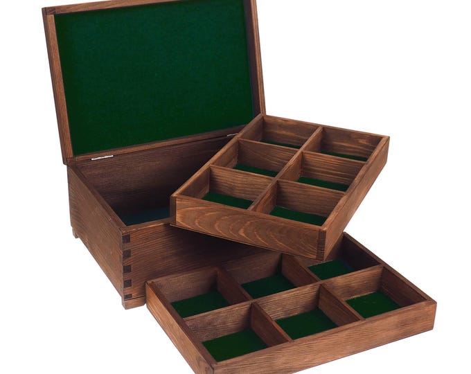 Handmade wooden  jewelry box, divided inside,2 trays x 6 compartments,  memory box,  gift box, wooden box, personalized, jewelry organizer,