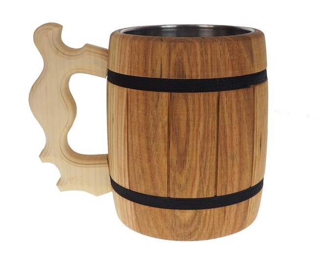 Oak Wooden Beer Mug 1/2 liter  17 oz, steel inside wooden cup, wooden drinking mug, historical mug, rustic mug, medieval replica