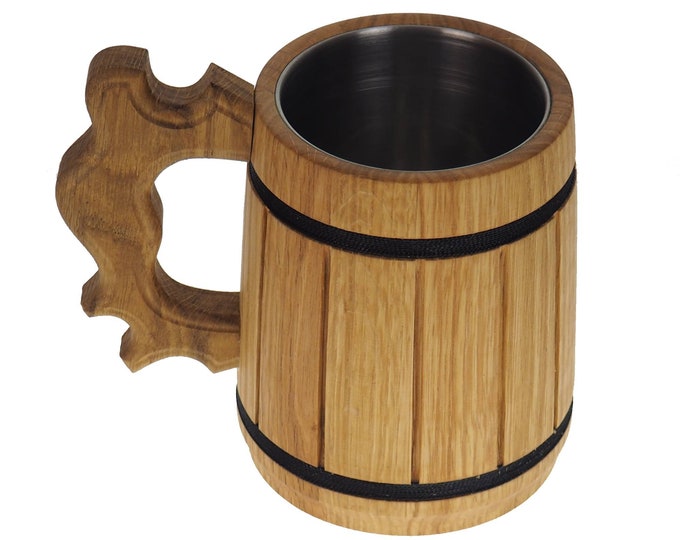 Oak Wooden Beer Mug 1/2 liter  17 oz, steel inside wooden cup, wooden drinking mug, historical mug, rustic mug, medieval replica
