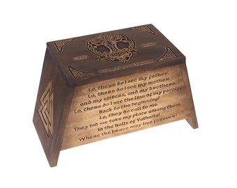Wikinger Personalisierte Holzurne mit Yggdrasil, Zopfmotiv, Erinnerungsbox, Andenken Feuerbestattung, Viking Pagan