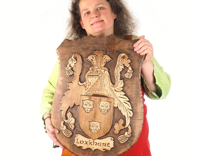 Personalized big Family Crest, Hand Carved Wooden Coat of Arms, Custom Shield