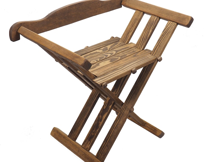 Old dark oak color Wooden medieval viking folding chair with back support, Personalized, SCA