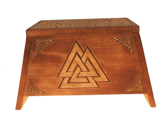 Valknut Wooden Urn For Human Ashes, Wooden Memorial Box, Hand Carved, Keepsake Cremation Urns, Cremation Boxes For Burial, Celtic pagan