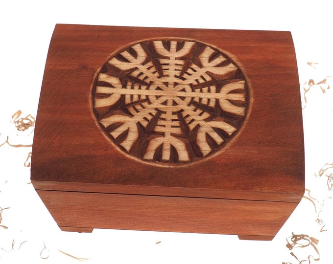 Big Wooden historical jewelry box with Aegishjalmur pattern memorial box wooden urn