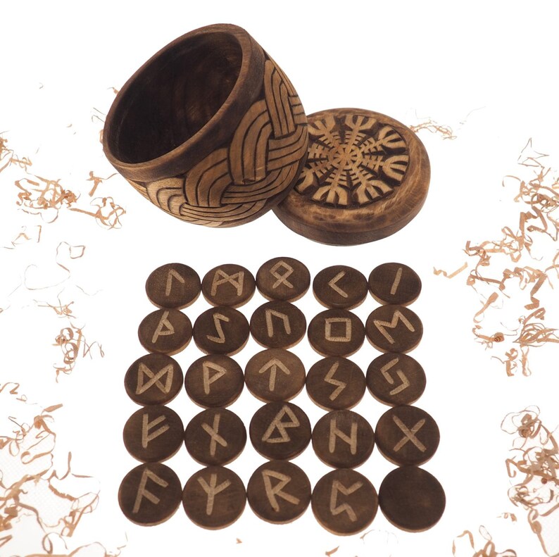 Viking Rune Set Hand Carved Box Aegishjalmur Norse Elder Futhark Runes ...
