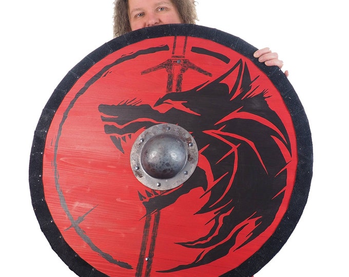 Personalized Red Wolf and Sword Viking Shield Pattern, 30 inch, Norsman shield, Wall decor, Larp and reenactment, SCA ready, witcher