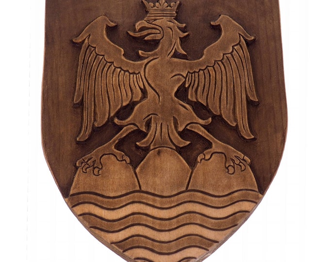 Personalized City Crest, Hand Carved, Coat of Arms, Custom, Family Shield, Wooden Emblem, Wedding Wood Art, Heraldic, Woodcraft