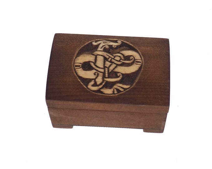 Wooden jewelry box, urnes dragon viking plait, hand carved, personalized, history pattern, gift box, custom jewelry box, wedding memory box,