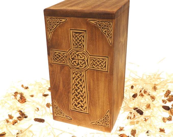 Personalized Wood Urn Celtic Cross pattern, For Human Ashes, Wooden Memorial Box, Carved Urns, Cremation Box For Burial, Medieval Viking
