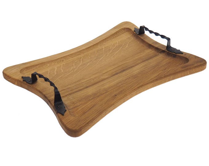Big flat wooden oak tray with forged handles, viking dishes, medieval, larp, SCA, handmande