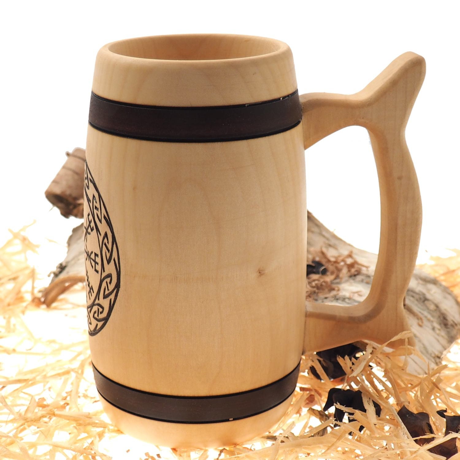 Hand Carved Wooden Beer Mug 07l 24 oz with Vegvísir runic Etsy