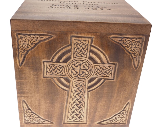 Square Personalized Wood Urn, Celtic Cross, hand carved, Memorial Box, Keepsake Cremation Medieval Viking