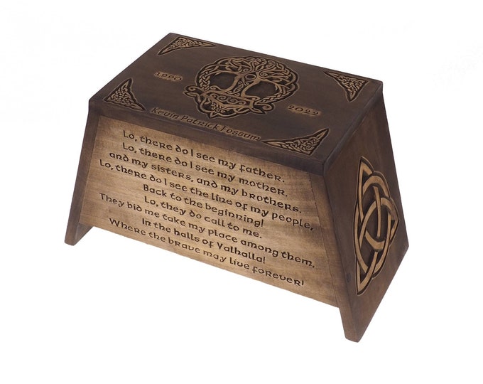 Viking Personalized Wood Urn with Yggdrasil,  Wooden Memorial Box, Keepsake Cremation Urns, pagan