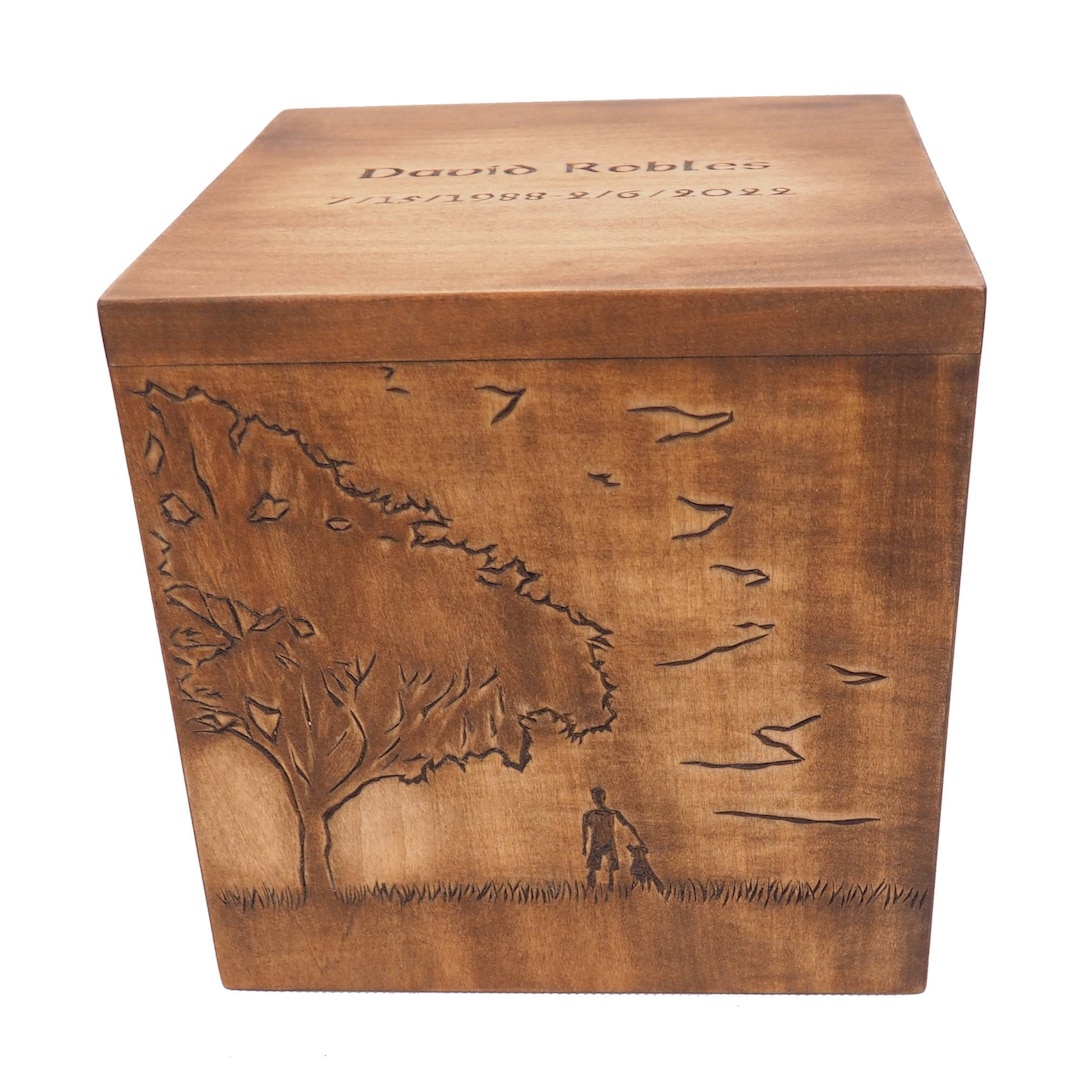 Tree and Sunshine Square Personalized Wood Urn for Human Ashes, Wooden Memorial Box, Carved