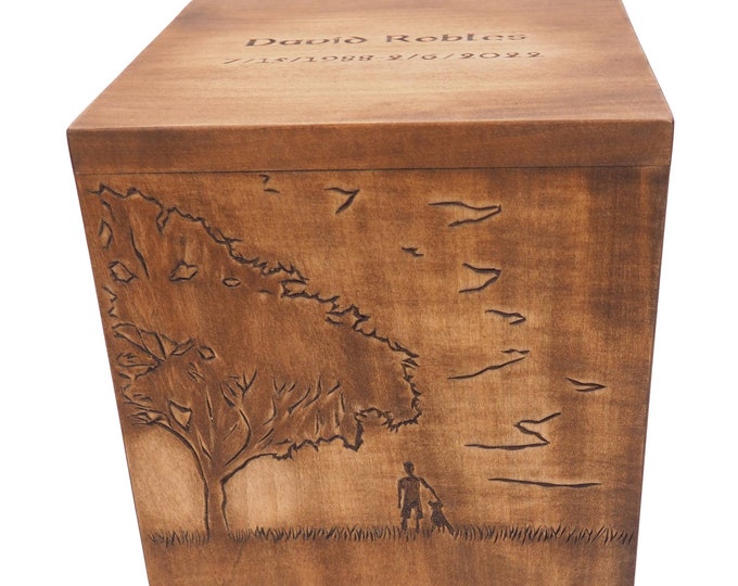 Tree and sunshine Square Personalized Wood Urn For Human Ashes, Wooden Memorial Box, Carved Keepsake Cremation Urns, Cremation Boxes, Burial