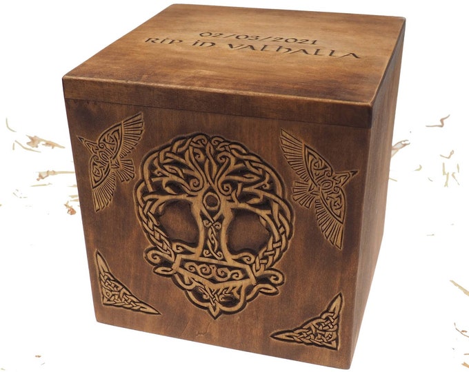 Square Personalized Wood Urn For Human Ashes, Thor hammer Yggdrasil Memorial Box, Carved Keepsake Cremation Urns, Cremation Boxes For Burial