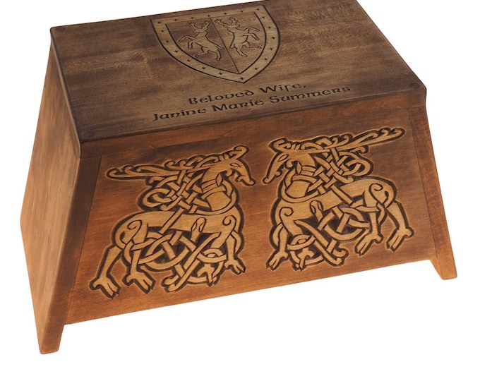 Stag pattern Personalized Wood Urn, hand Carved, Keepsake, Cremation, Burial, Viking pagan