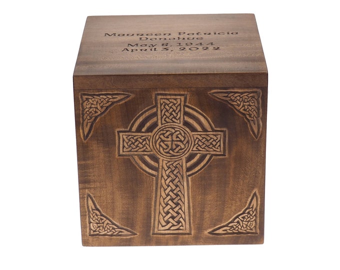 Square Personalized Wood Urn, Celtic Cross, For Human Ashes, Wooden Memorial Box, Carved Keepsake Cremation Urns, Medieval Viking style