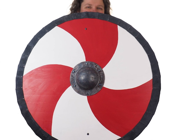 Red and white Viking Shield Pattern,cross pattern,  Norsman shield, Wall decor, Larp and reenactment, SCA ready, black shield