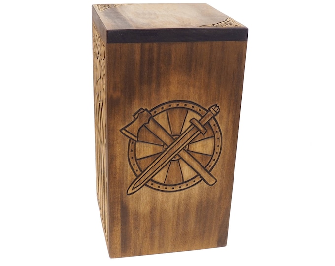 Personalized Wood Urn with viking shield sword and axe, For Human Ashes, Wooden Memorial Box, Carved Keepsake Cremation Urns,  Viking style