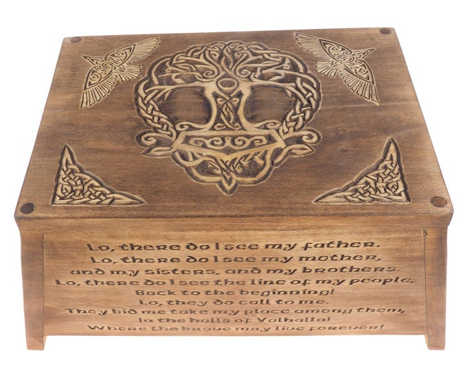 Viking Prayer Personalized Wood Urn  Yggdrasil,  Memorial Box Hand-Carved , Keepsake Cremation  Burial, Viking pagan