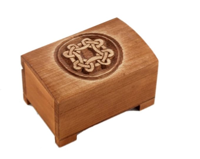 wooden historical jewelry box with celtic pattern