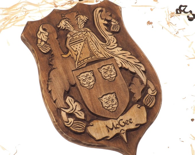 McGee Personalized Family Crest, Hand Carved, Coat of Arms, Custom, Family Shield, Wooden Emblem, Wedding Wood Art, Heraldic, Woodcraft