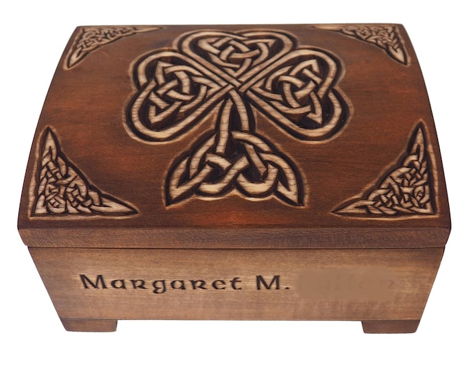 Personalized wooden hand carved jewelry box, Shamrock, keepsake box, jewelry storage, memory box, celtic,  hand carved, gift box, wooden box