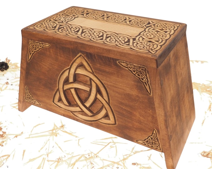 Triquetra Wooden Urn For Human Ashes, Wooden Memorial Box, Hand Carved, Keepsake Cremation Urns, Cremation Boxes For Burial, Celtic pagan