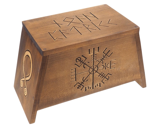 Aegishjalmur Wooden Urn For Human Ashes, Memorial, Hand Carved, Keepsake Cremation,  Burial, Viking pagan