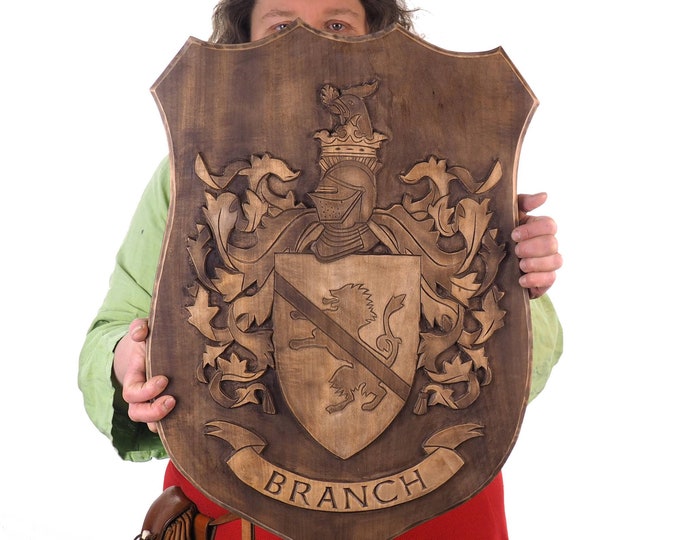 BIG Personalized Family Crest type 2, Hand Carved, Coat of Arms, Custom, Family Shield, Wooden Emblem, Wedding Wood Art, Heraldic, Woodcraft