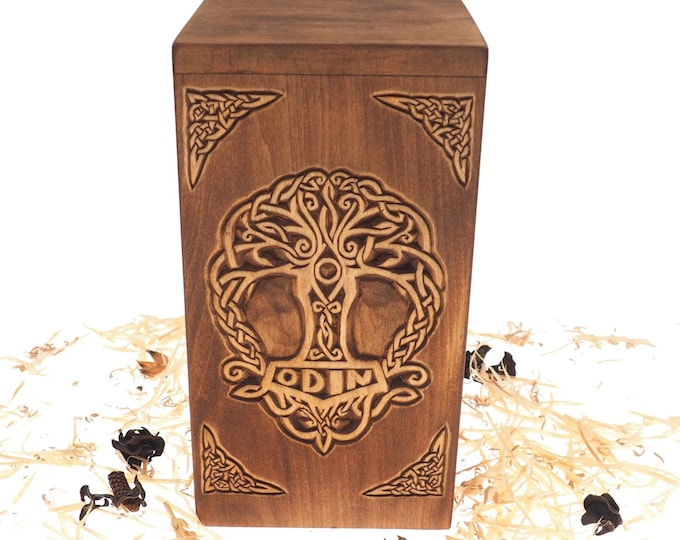 Personalized Wood Urn For Human Ashes,Thor hammer motive, Memorial, hand-carved Keepsake Cremation, Burial
