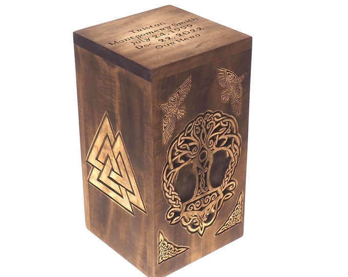 Personalized Wood Urn For Human Ashes,Thor hammer, ravens,  Memorial , hand-carved Keepsake Cremation,  Burial