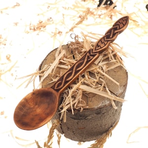 Wooden Hand Carved Spoon, Medieval Spoon, viking pattern,Wood Cutlery, Medieval Kitchen, Dining Appliances,rune pattern, SCA, personalized