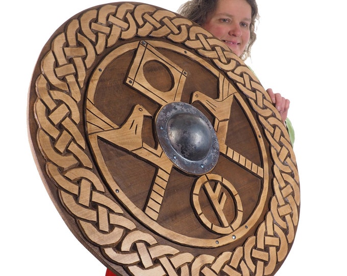 Hand carved  custom pattern Viking Shield, 30 inch, Blank surface, Norsman shield, Wall decor, Larp and reenactment, SCA ready, Linden wood