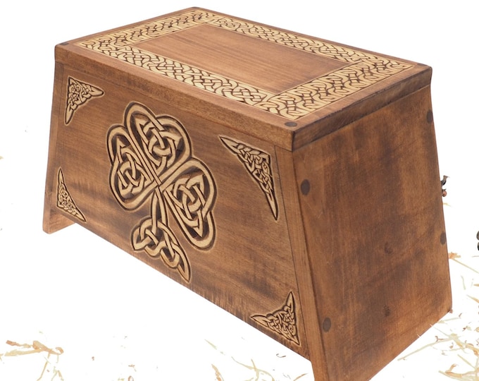 Shamrock Wooden Urn For Human Ashes, Wooden Memorial Box, Hand Carved, Keepsake Cremation Urns, Cremation Boxes For Burial, Celtic pagan