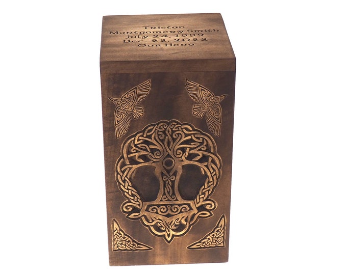 Personalized Wood Urn For Human Ashes,Thor hammer, ravens, Wooden Memorial Box, Carved Keepsake Cremation Urns, Cremation Boxes For Burial