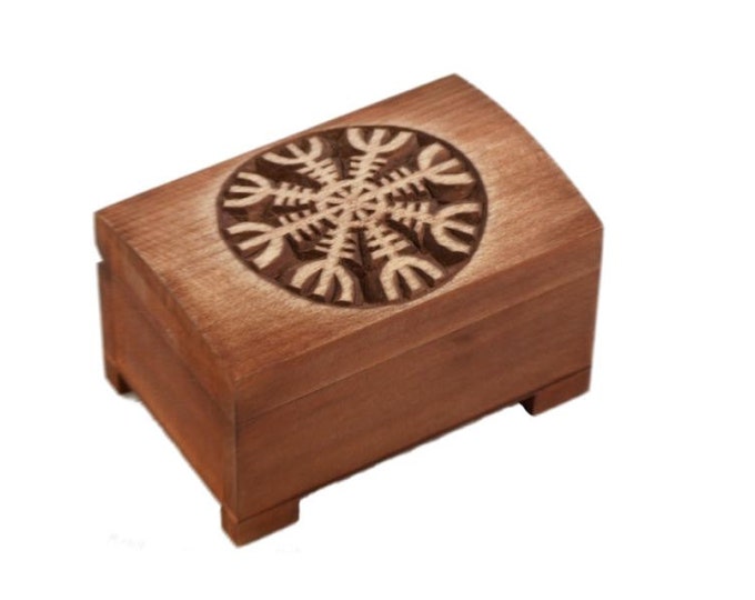 wooden historical jewelry box with hand carved Aegishjalmur pattern